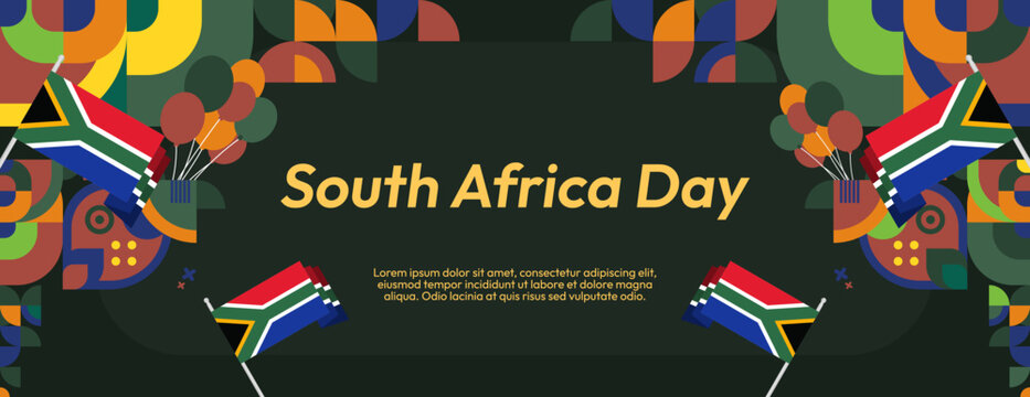 South Africa National Independence Day wide banner. Modern geometric abstract background in colorful style for South Africa day. South African Independence greeting card cover with country flag.