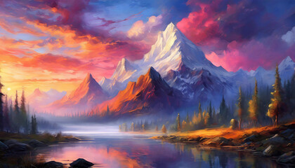 Oil painting of majestic landscape with mountains and sunset sky. Green nature. Natural scenery.