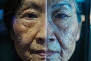 Aging Womans Photograph: Composite Old vs. Young, Less Wrinkle with Salicylic Acid, Dry Scalp Care.