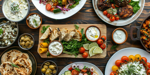 Greek food dishes on the table, top view