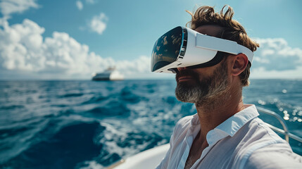 Man with Virtual Reality glasses, and casual clothes enjoying on sailing boat and looking happy. Travelling and Enjoying
