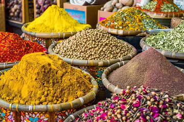 The spice counter, spice market is a vibrant display of exotic flavors and colors - obrazy, fototapety, plakaty