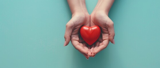  Expressing Love and Care: Hands Holding Red Heart on Light Blue Background