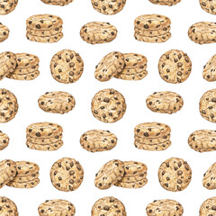 Fototapeta na wymiar Seamless pattern with home made chocolate chip cookies isolated on white background. Watercolor hand drawn illustration..
