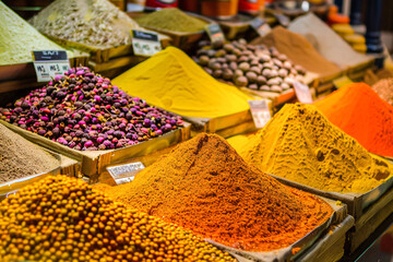 The spice counter, spice market is a vibrant display of exotic flavors and colors