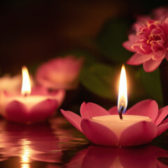 Candles and pink flowers in a natural setting with clean water. A peaceful and relaxing atmosphere with a touch of color and light. Suitable for spa and beauty themes. Natural alternative therapy.