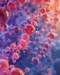A magnified view of tiny biological cells illuminated by light in a science microscope