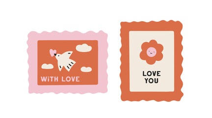 Cute vector Valentines post stamps isolated on white background. Lovely postage stamps with flower and bird for Valentines day, festive design, romantic holidays. Charming cartoon art in flat style