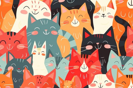 Fototapeta cute and happy cartoon cat pattern with many cats of different colors, smiling faces, laughing