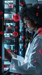 A professional woman analyzing data on a tablet in a high-tech server room