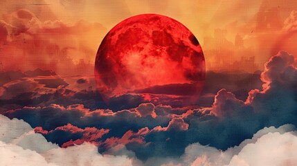 A surreal cityscape under a large red moon and dramatic clouds