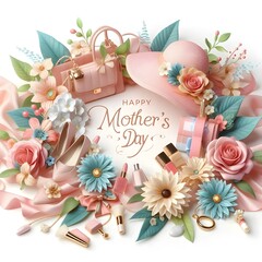 3D bouquet of colorful flowers greeting card for Mothers Day, illustrated with items associated with femininity and fashion. These include a woman hat, sunglasses, make-up. Generative AI.