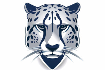 A sleek cheetah face icon in a palette of cool silver and deep blue, with strong and clean lines that emphasize its elegance. Isolated on a white background.