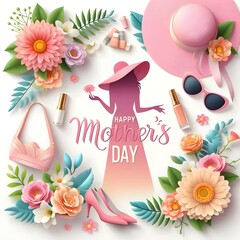 3D Beautiful woman silhouette wearing a straw hat and sunglasses. She is surrounded by colorful flowers, illustration for Mothers Day Card and all prints. Generative AI.
 - obrazy, fototapety, plakaty