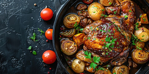 Delicious roast chicken with assorted vegetables and tomatoes in a pan on black background, top view