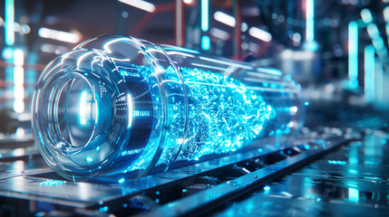 Futuristic energy core with glowing blue particles.