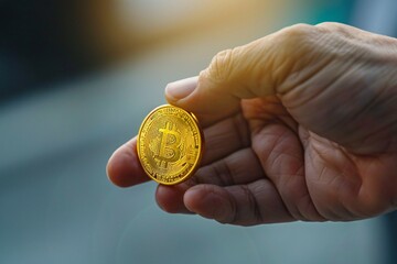 Closeup of hand holding gold coin with blurred background