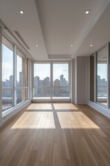 Obraz premium Empty modern apartment room with large windows and a view of the city skyline