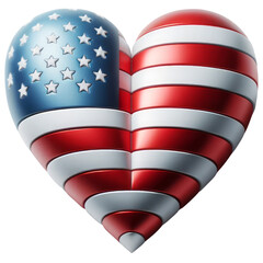 A heart made of the American flag, Memorial Day, Clipart, 3d render, isolate on white background.