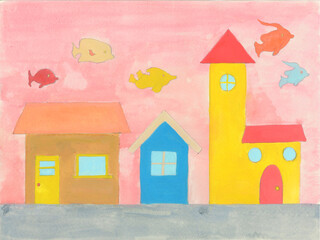 ピンク色の空を飛ぶ魚のイラスト