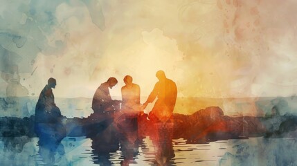 A minimalist watercolor scene depicting Jesus Christ washing the disciples' feet, with soft lighting effects - obrazy, fototapety, plakaty