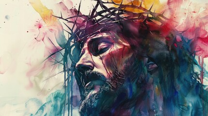 A delicate watercolor portrayal of Jesus Christ's face with a crown of thorns, using minimal strokes for dramatic effect