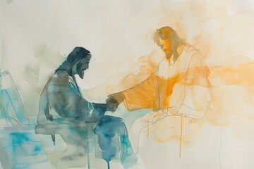 A minimalist watercolor of Jesus Christ with children, using soft pastels to convey warmth and kindness