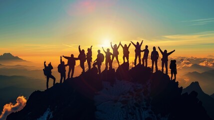 The silhouette of a large group against the setting sun on a mountaintop, their success pose reflecting a shared journey of endurance and triumph.