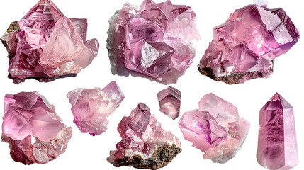Morganite gemstone collection in 3D digital art, transparent background. Top view, flat lay of elegant pink crystals for luxury jewelry design. Isolated precious stones with brilliant sparkle.