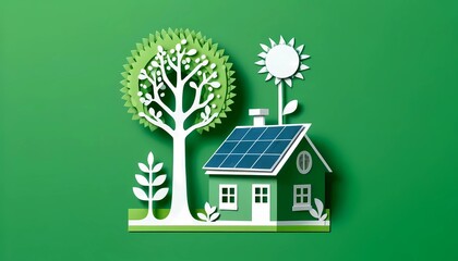 Clean energy concept for paper cut of house with solar panels depicting sustainable and renewable energy - obrazy, fototapety, plakaty