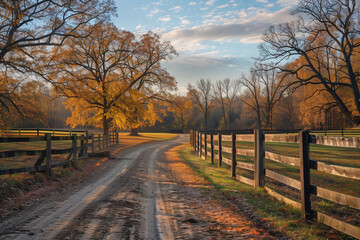Fototapeta premium Rustic Autumn Farm Scene with Winding Dirt Road