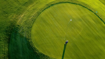 The vibrant green of a well-kept putting green, a golfer intently lining up their putt, with the flag gently fluttering in the breeze.