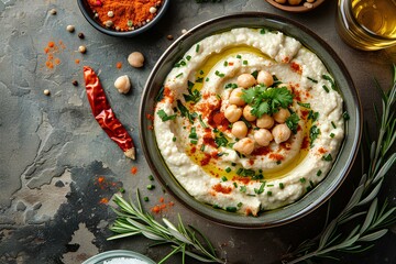 A bowl of hummus with garnish and herbs on a table with other food items around it professional