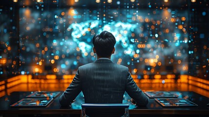 A business leader in a sleek, modern suit interacts with a 3D holographic projection of market trends during a virtual meeting. - obrazy, fototapety, plakaty