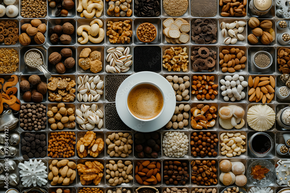 Wall mural top view of mixed nuts in ceramic bowl and cup a coffe. Mix of various nuts on colored background. pistachios, cashews, walnuts, hazelnuts, peanuts and brazil nuts.