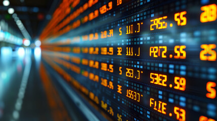 Fototapeta premium Stock market ticker display with crisp numbers reflecting growth, decline, and trade.