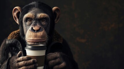 Anthropomorphic monkey enjoying a warm cup of coffee against a dark background. Holding a beverage. Full-length portrait of primate humanoid. Styled and contemplative - obrazy, fototapety, plakaty