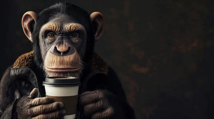 Foto op Plexiglas Anthropomorphic monkey enjoying a warm cup of coffee against a dark background. Holding a beverage. Full-length portrait of primate humanoid. Styled and contemplative © Татьяна Евдокимова
