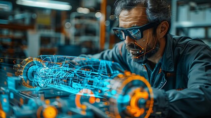 A focused automotive engineer uses a large holographic display to manage and assemble an advanced braking system for high-performance vehicles. - obrazy, fototapety, plakaty