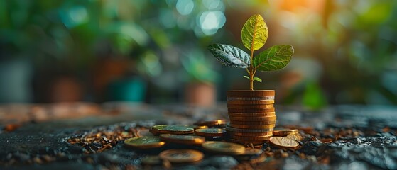 Growing Wealth: Coins and Plant with Market Backdrop. Concept Wealth Creation, Financial Growth, Investment Opportunities, Money Management, Stock Market Trends