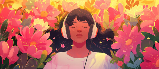 Obraz na płótnie Canvas a woman wearing headphone peacefully in floral blossom, sound music of beauty nature concept background