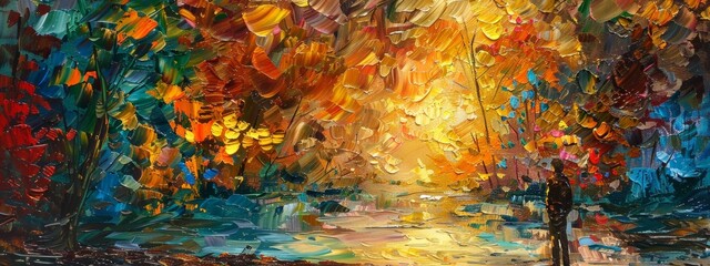 Impressionistic Autumn Forest Reflection Painting

