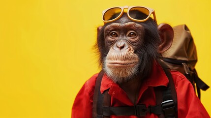 Intelligent and anthropomorphic chimpanzee dressed up in a fun and creative costume. Wearing sunglasses and carrying a backpack. Ready for adventure and travel with a vibrant yellow background