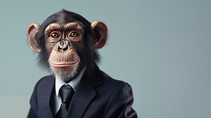 Sophisticated anthropomorphic chimpanzee wearing a professional business suit with a tie. Portraying a conceptual portrait of a smart and intelligent executive primate in a formal and elegant attire