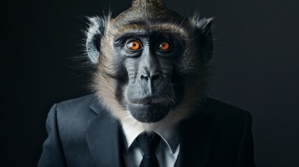 Anthropomorphic monkey in business suit portrait with corporate chimpanzee concept in creative dress-up attire on a dark background. Showcasing professional. Humorous - obrazy, fototapety, plakaty
