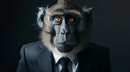 Wandcirkels plexiglas Anthropomorphic monkey in business suit portrait with corporate chimpanzee concept in creative dress-up attire on a dark background. Showcasing professional. Humorous © Татьяна Евдокимова