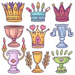 collection of sparkling silver crowns and goblets on a soft gray background, fit for a fairytale princess