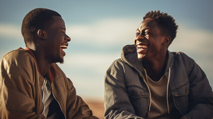 Two African American friends laughing outdoors

