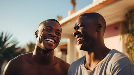 Two African American friends laughing outdoors
