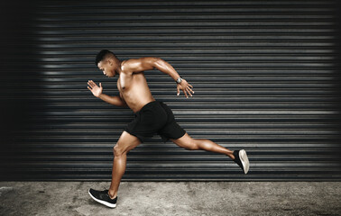 Shirtless, African man or run at speed, fitness or vision of exercise, energy or thinking of...